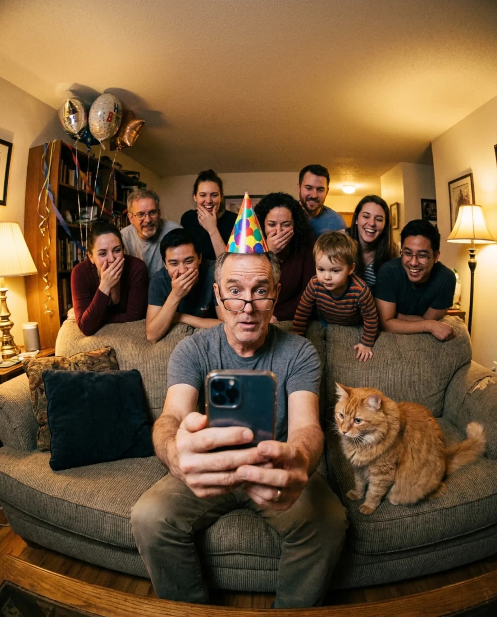 Friends and family piled onto a couch behind a man in a party hat, all staring at his phone the second before a song starts