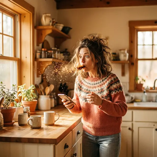 A woman laughing at something that just landed on her phone